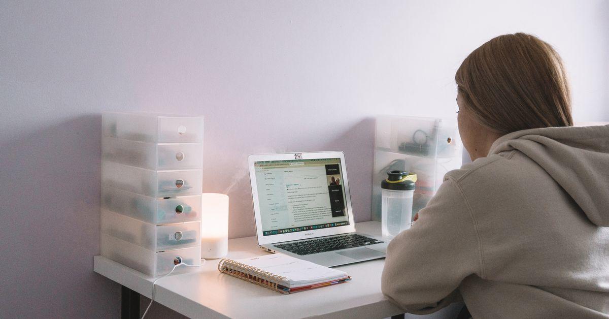 Étudiante vue de dos, assise à son bureau devant un écran d'ordinateur.