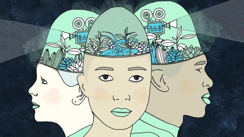 Illustration of three heads whose brain area is filled with pictures of gardens and movie projectors.