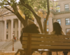 students on a bench outside of Tabaret