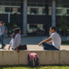 Students talking outside of STEM building