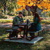 Students sitting at picnic table on campus