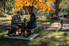 Students sitting at picnic table on campus