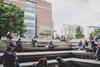 Crowd of students sitting on the steps of the Jock Turcot University Centre