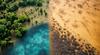 Aerial view contrasting lush forest and barren land illustrating climate change.