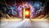 AI-generated illustration of a door opening into a galaxy filled with science icons.
