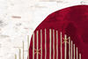 Hoop 4 of the “Indigenous Action Plan 2025–2030”. Illustration of a traditional Indigenous structure on a red background, overlaid with beige vertical lines and crosses.