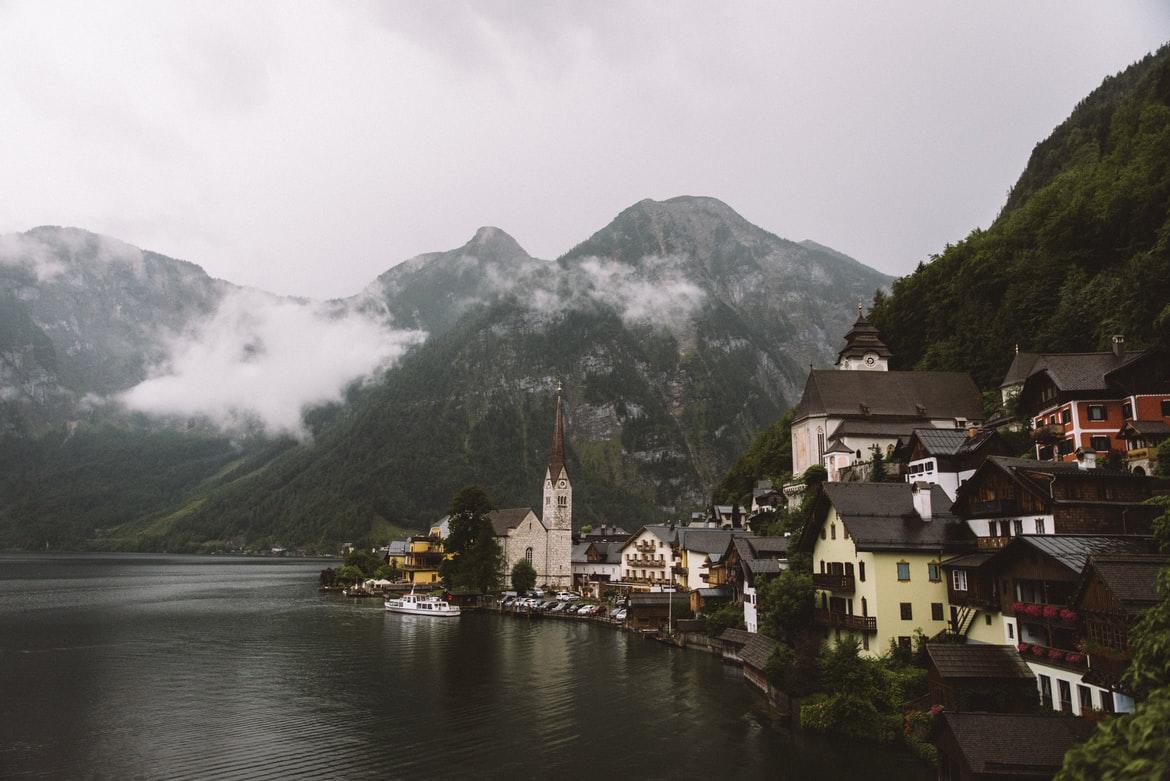 valley landscape with fog in austria