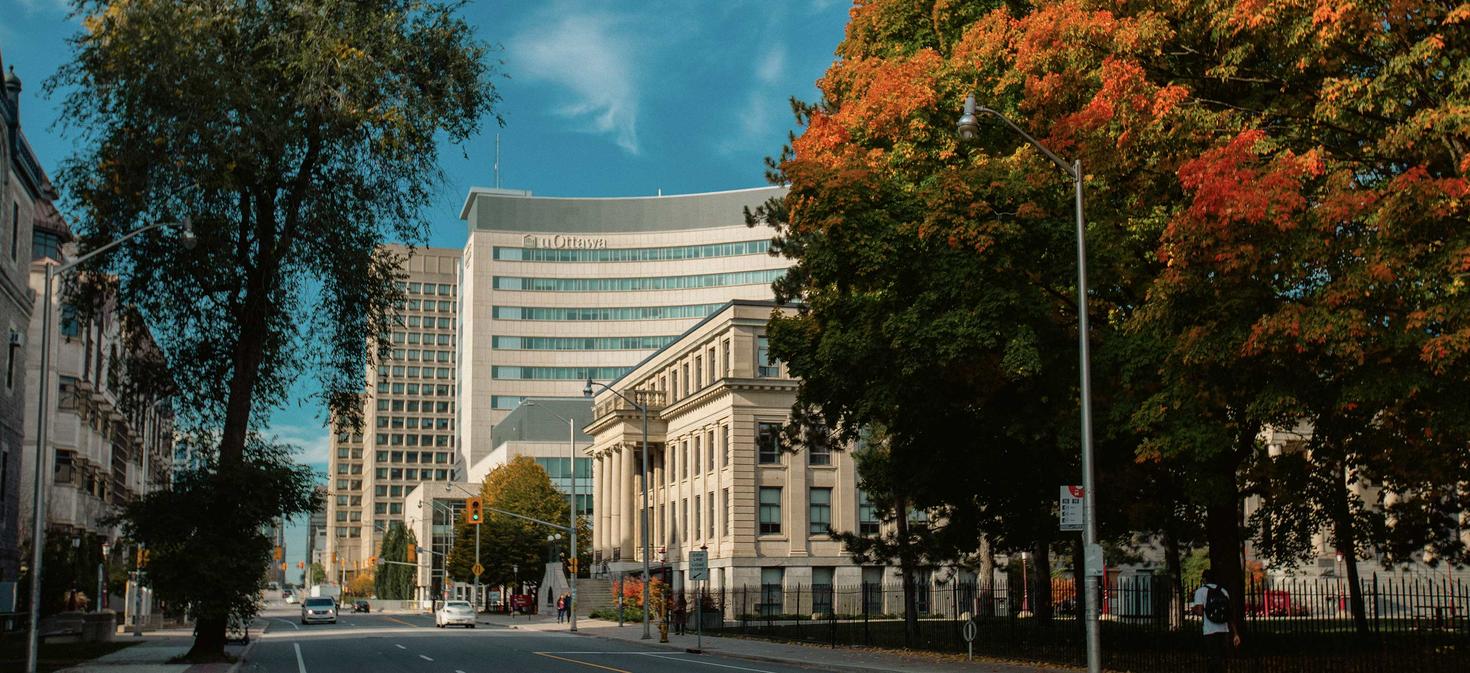 Scenic view of Tabaret and Desmarais halls