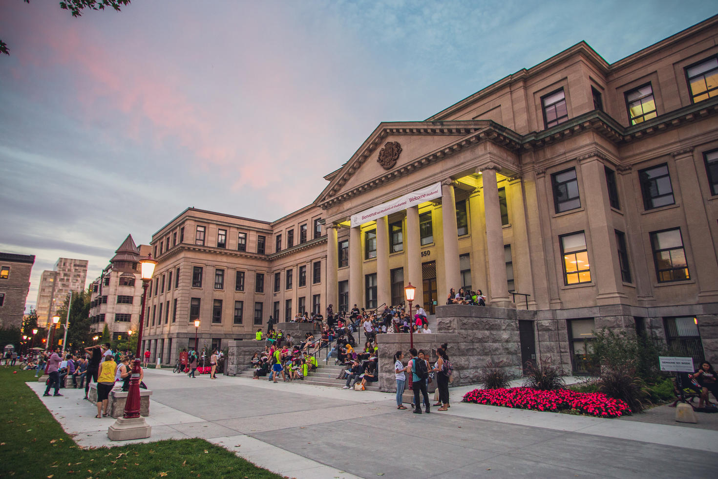 Tabaret Hall exterior at sunset