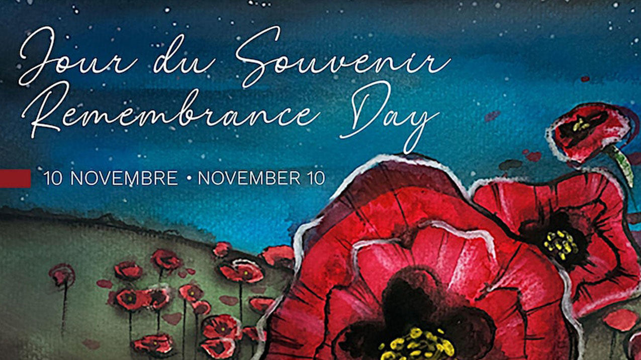 Remembrance Day poster with November 10th date and watercolour poppy field in background.