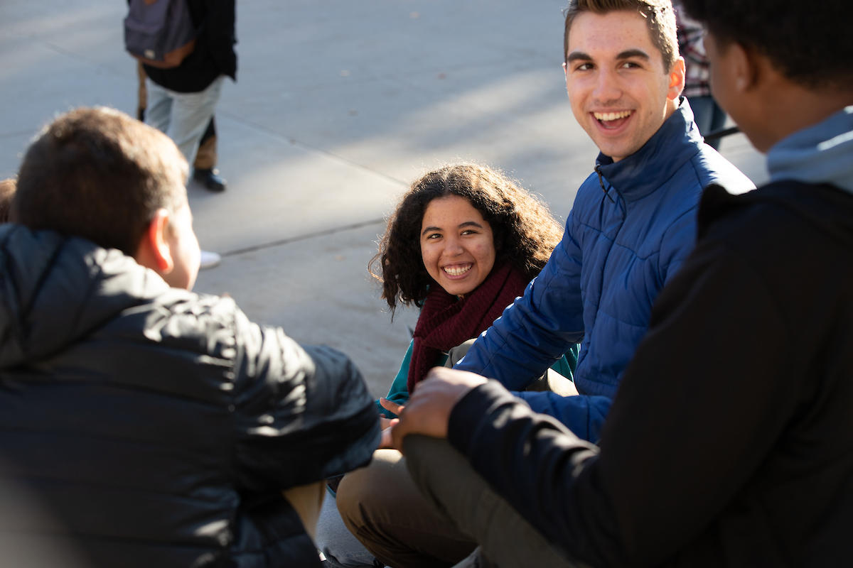 Students in the stairs in front of Tabaret