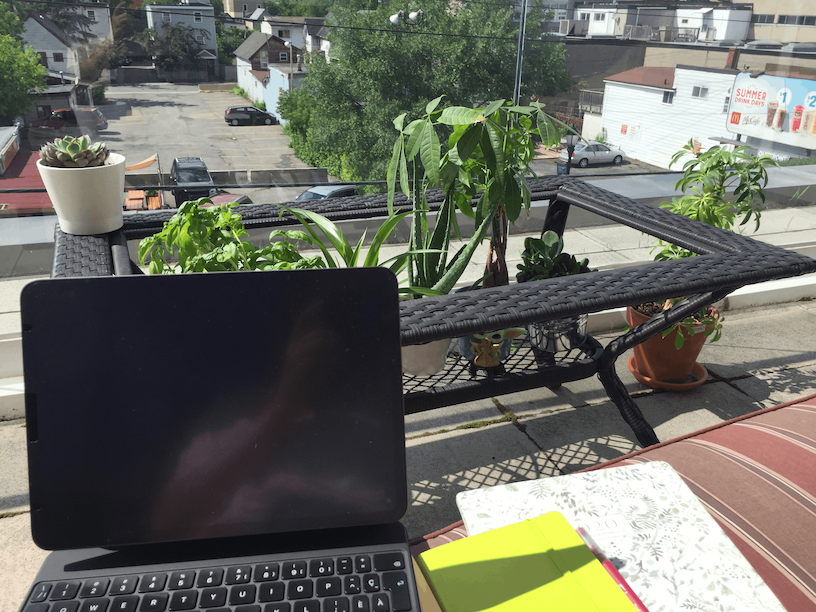 Computer outdoor with plants.