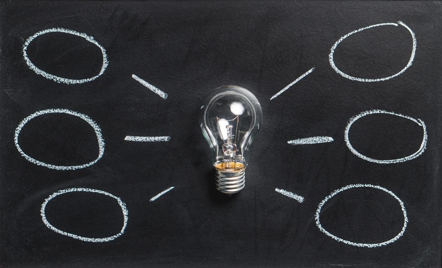 Light bulb on a black board with white circle around it to illustrate ideas