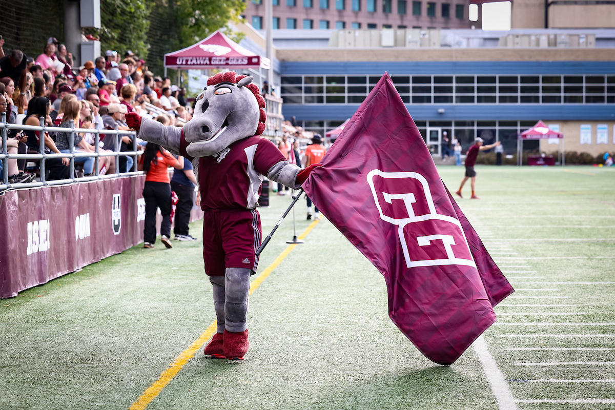 Gee-Gees mascot at Matt-Anthony Field