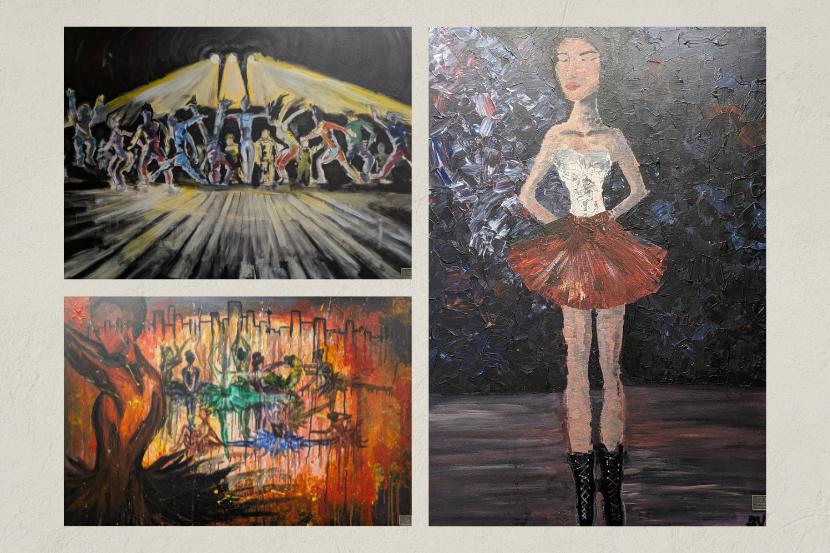 A collage of three paintings of ballet dancers.