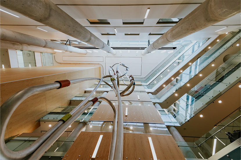 The Connectivi-T sculpture with its metallic, tubular pipes.