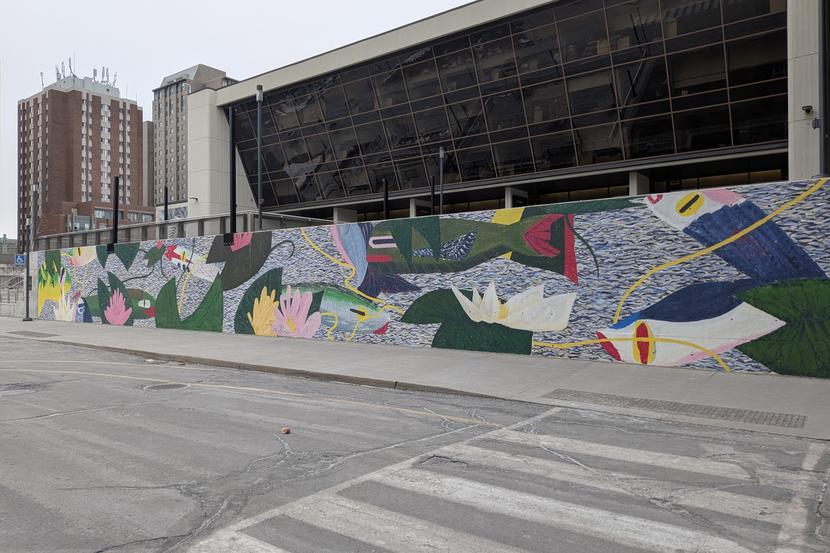 The Pond mural shows abstract water lillies.