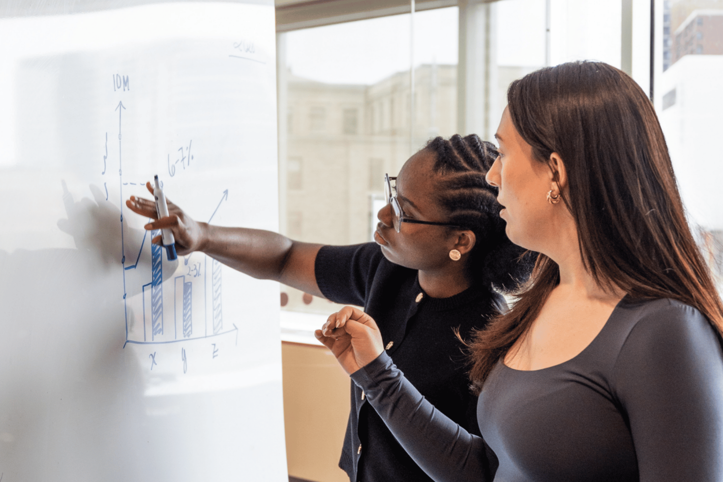 Two students looking at a whiteboard.