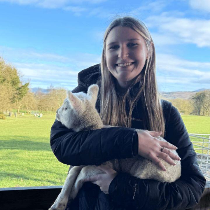 Sarah holding a lamb while on an exchange in Ireland.