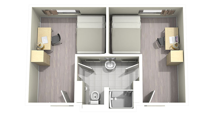Plan d'unité de deux chambre individuelles partageant une salle de bain