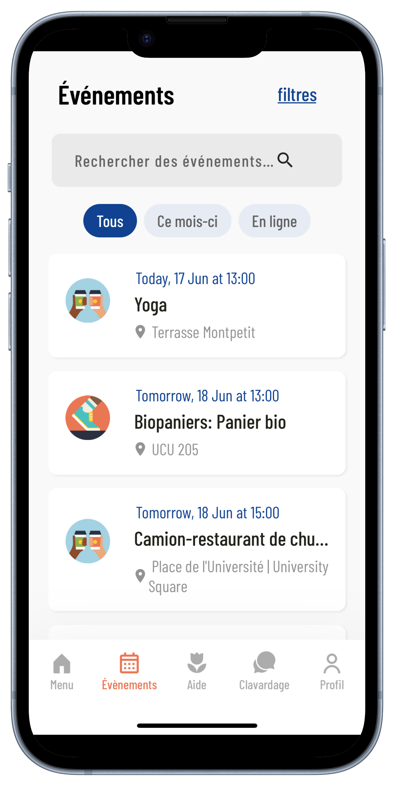section évènements de l'appli