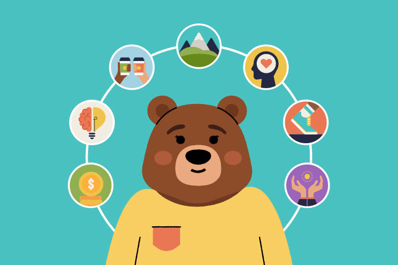 Illustration d'un ours entouré d'icônes représentant les 7 piliers du mieux-être.