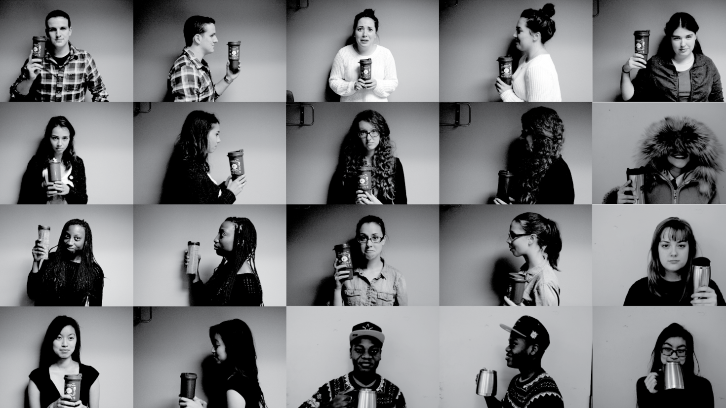 des photos en noir et blanc d'étudiants avec leur tasse réutilisable