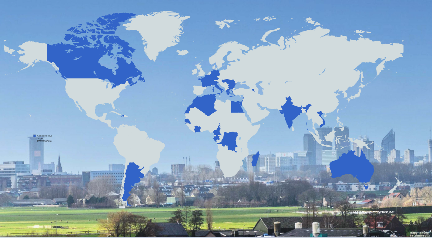 Silhouette urbaine de La Haye avec une carte du monde en superpostionworld overlay
