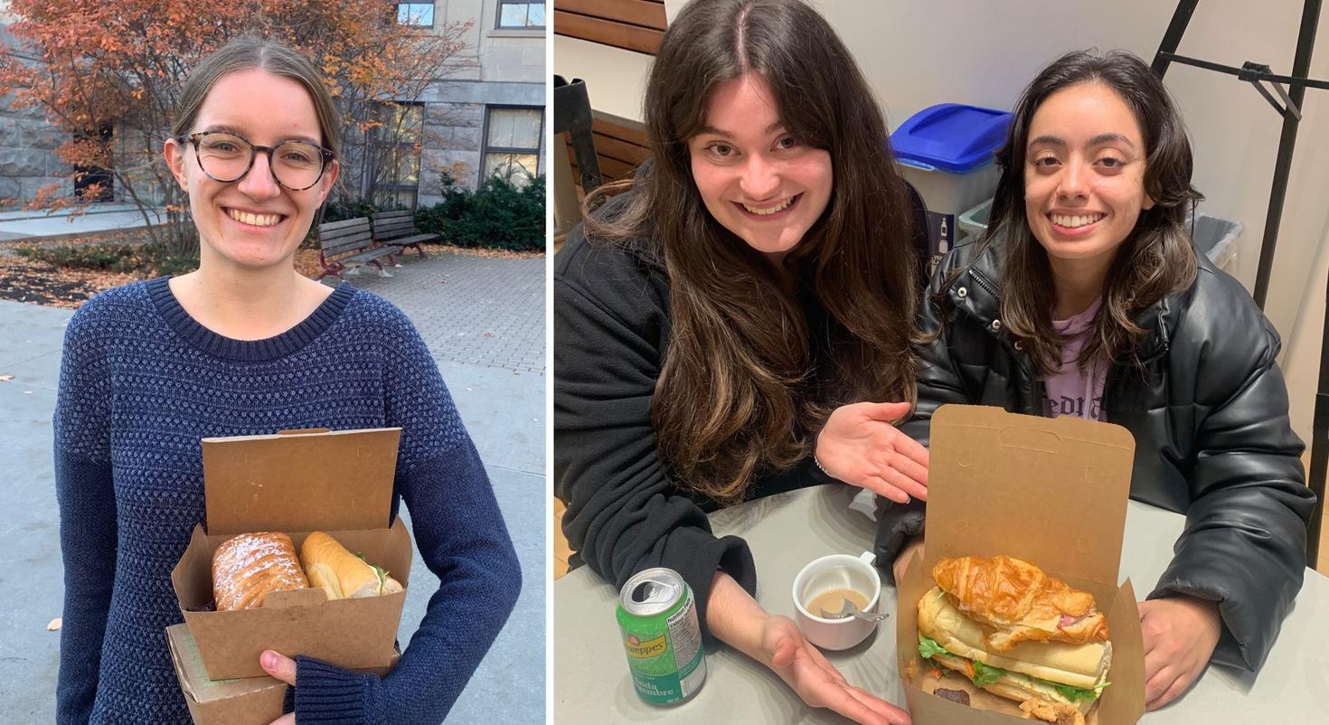 Trois étudiantes montrent fièrement les boîtes de sandwichs qu'ils ont obtenues en répondant à une alerte de nourriture gratuite.