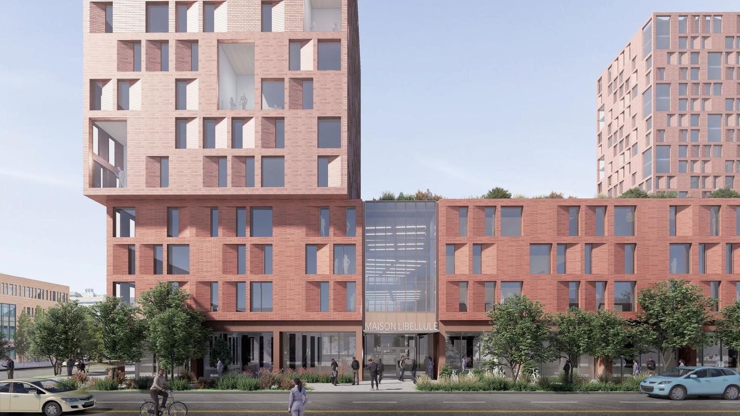 Une représentation artistique de ce à quoi ressembleront les nouveaux bâtiments résidentiels de l'Université d'Ottawa sur l'avenue King Edward lorsque le complexe Brooks sera réaménagé.