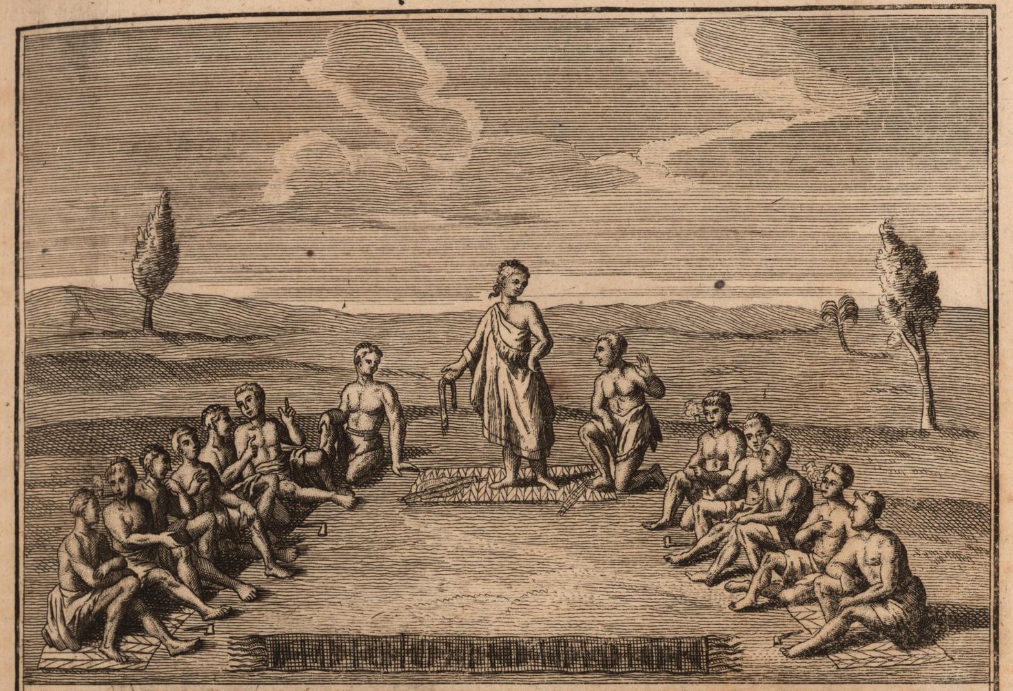 Paysage avec un groupe autochtone assis