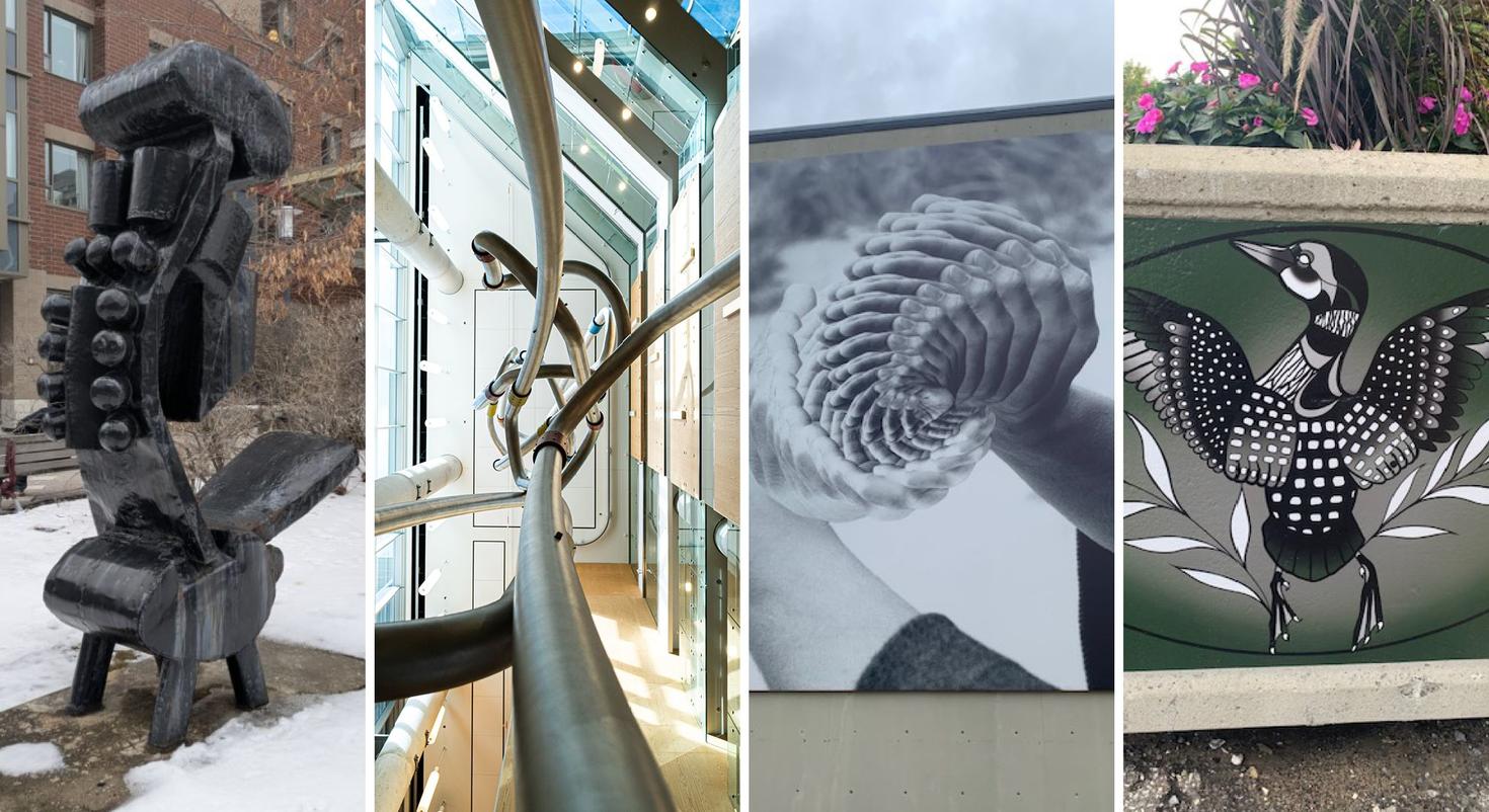 Deux sculptures, une fresque murale et une peinture autochtone représentant un huard : quelques exemples parmi d’autres des œuvres d’art présentes sur le campus. 