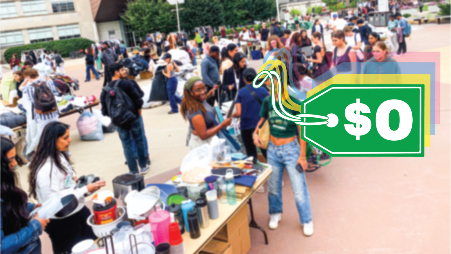 Out of focus, students circle around tables while a giant Free Store logo floats in the foreground 