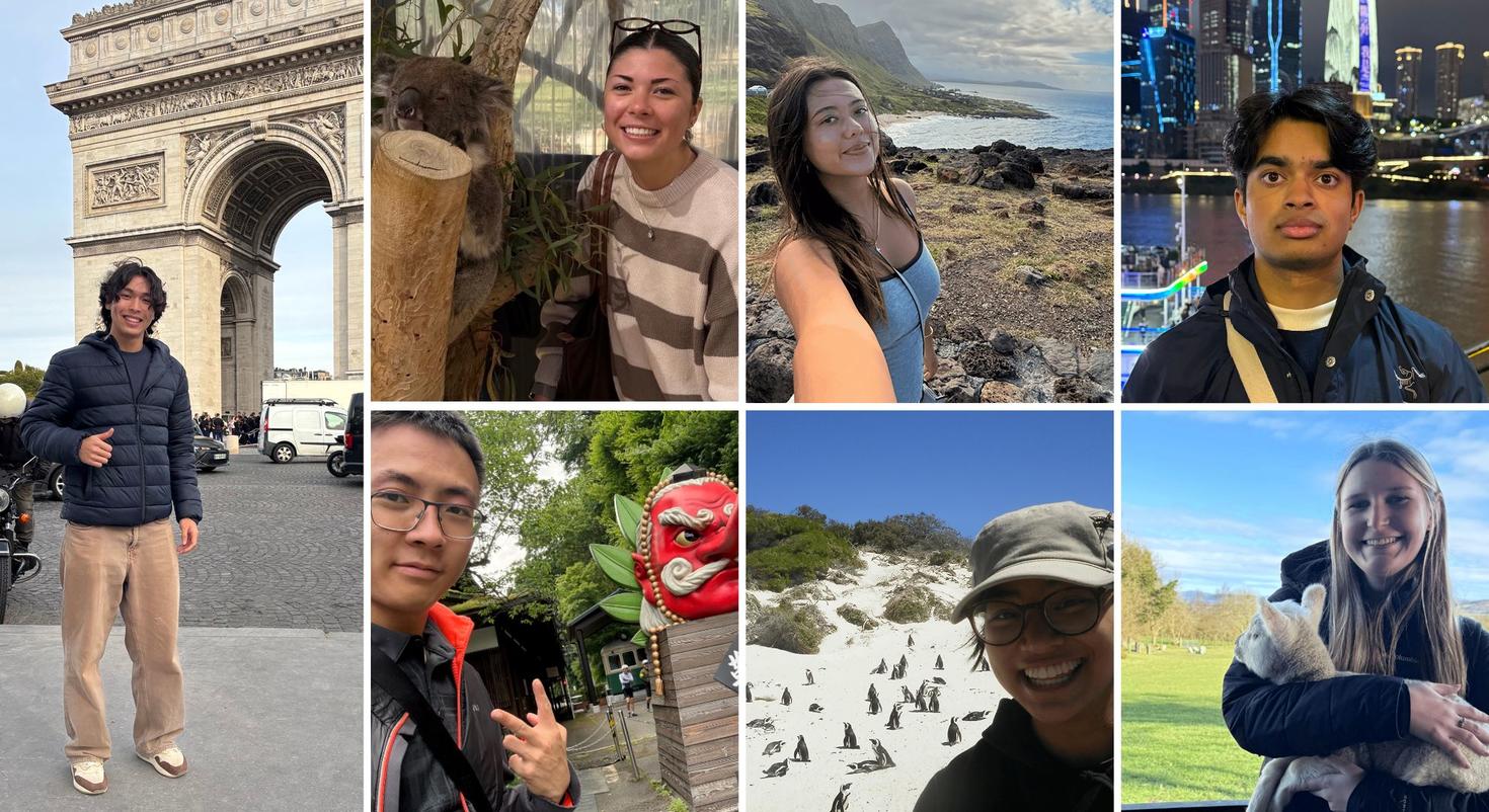 Un collage représentant sept étudiantes et étudiants dans leurs différents pays d'échange, notamment à Hawaï, en Australie, à Singapour et en Irlande. 